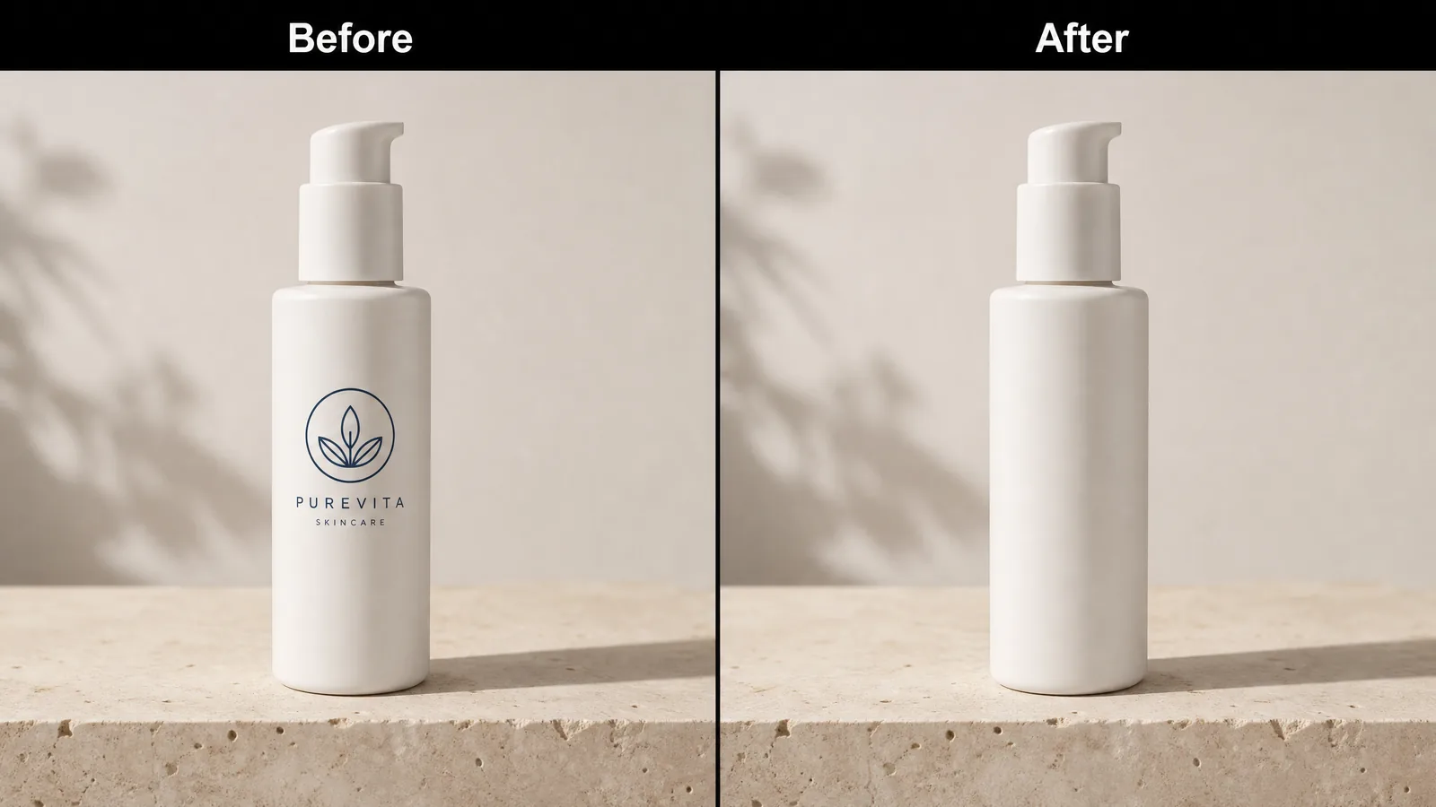 Before and after example of removing a logo from a product photo