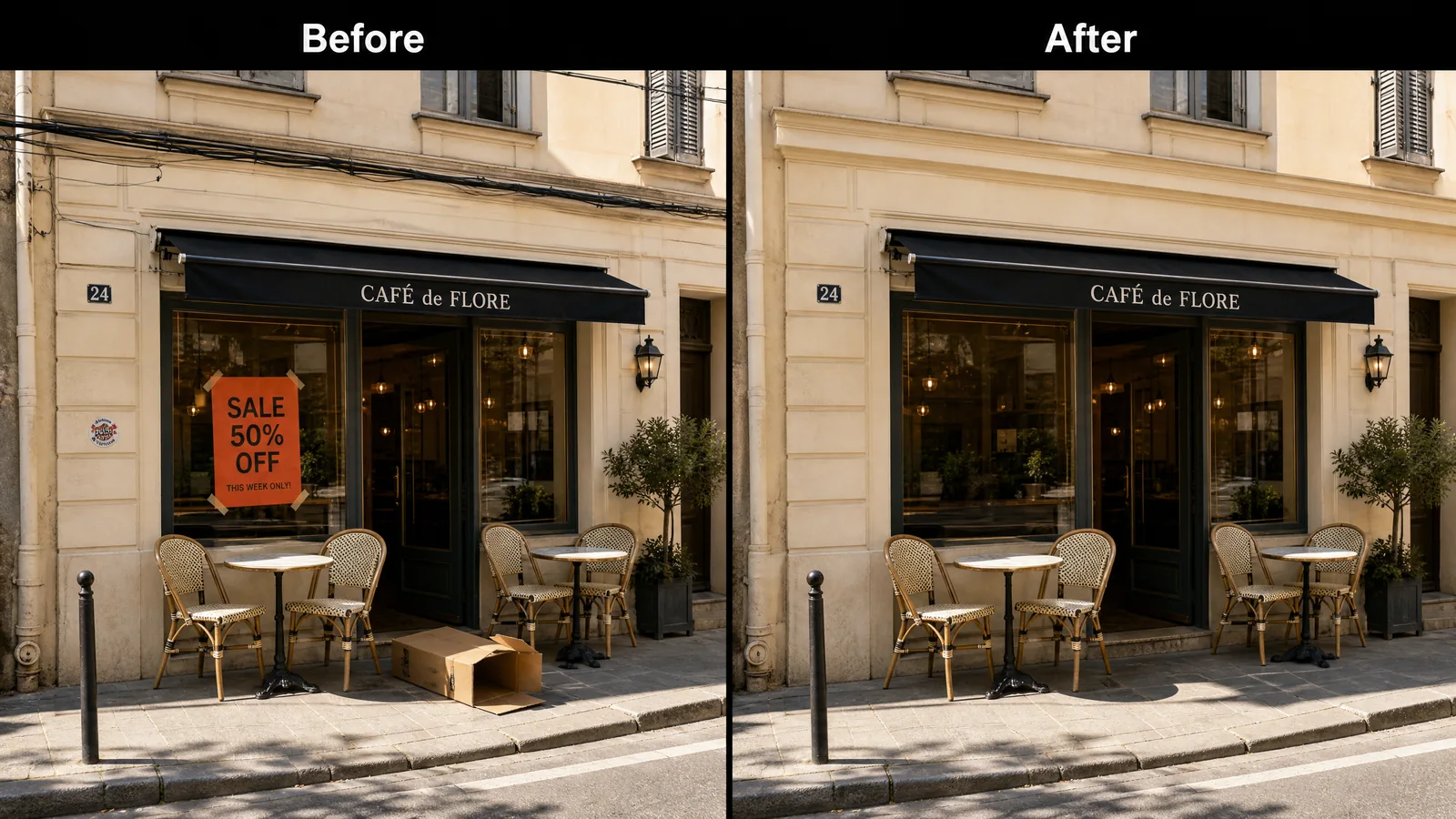 Before and after example of removing a storefront sign