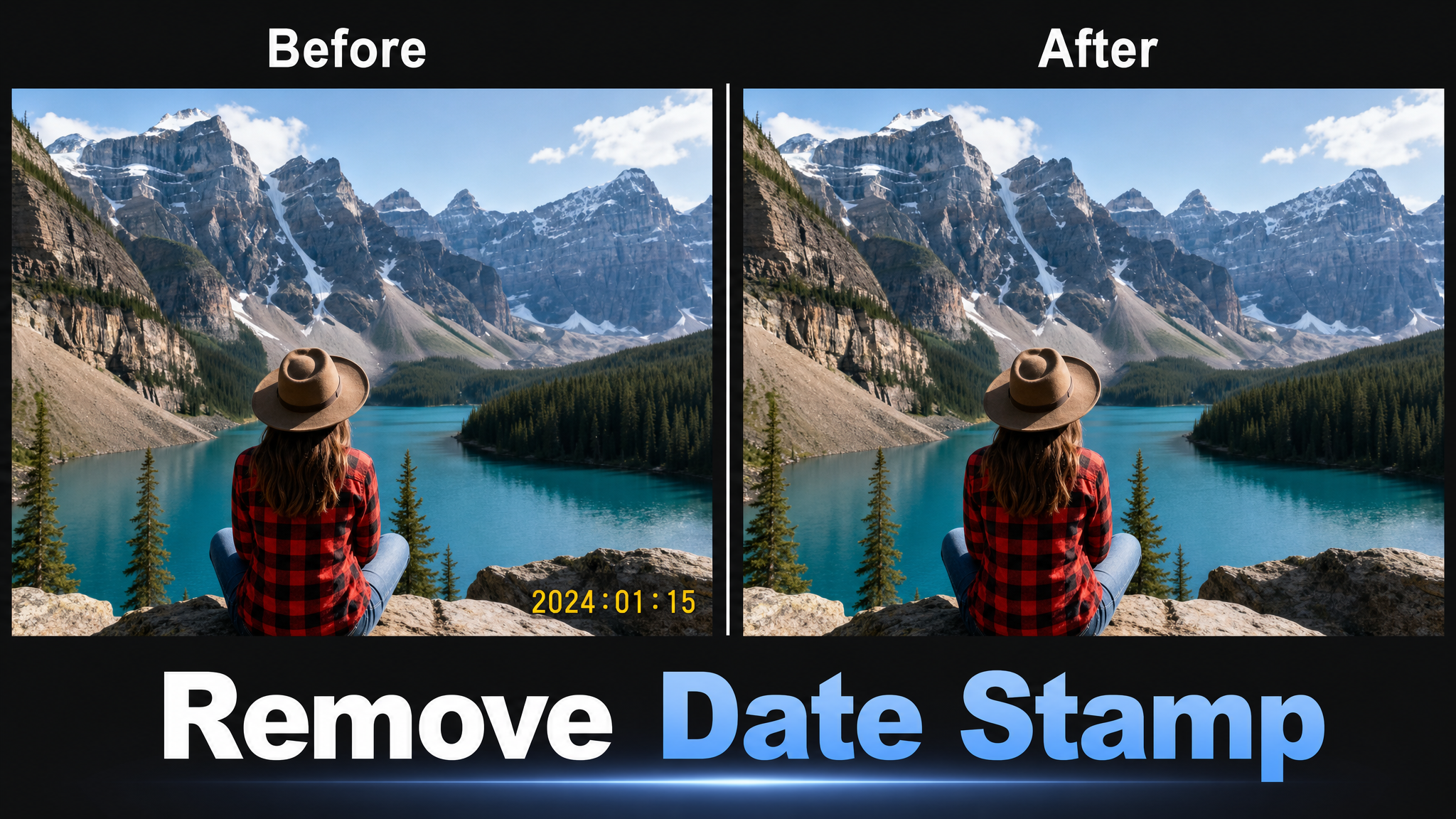 Before and after example of removing a date stamp from a travel photo