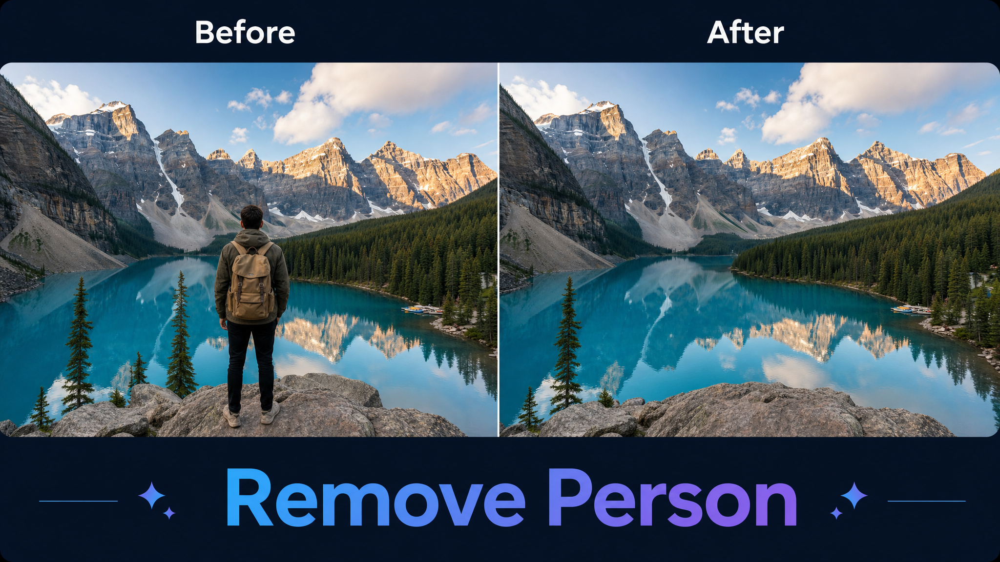 Before and after example of removing a person from a mountain photo