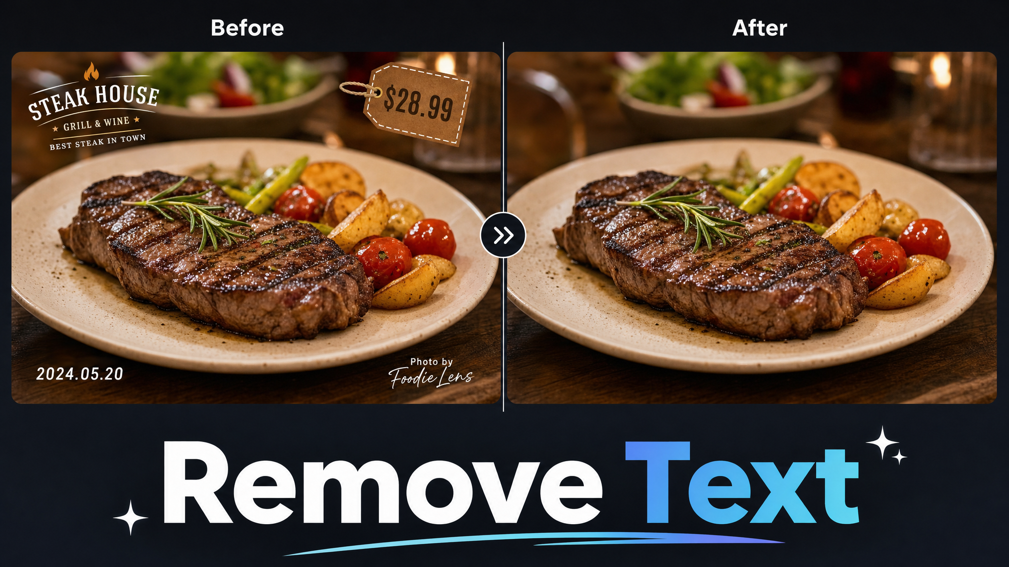 Before and after example of removing text from a restaurant photo
