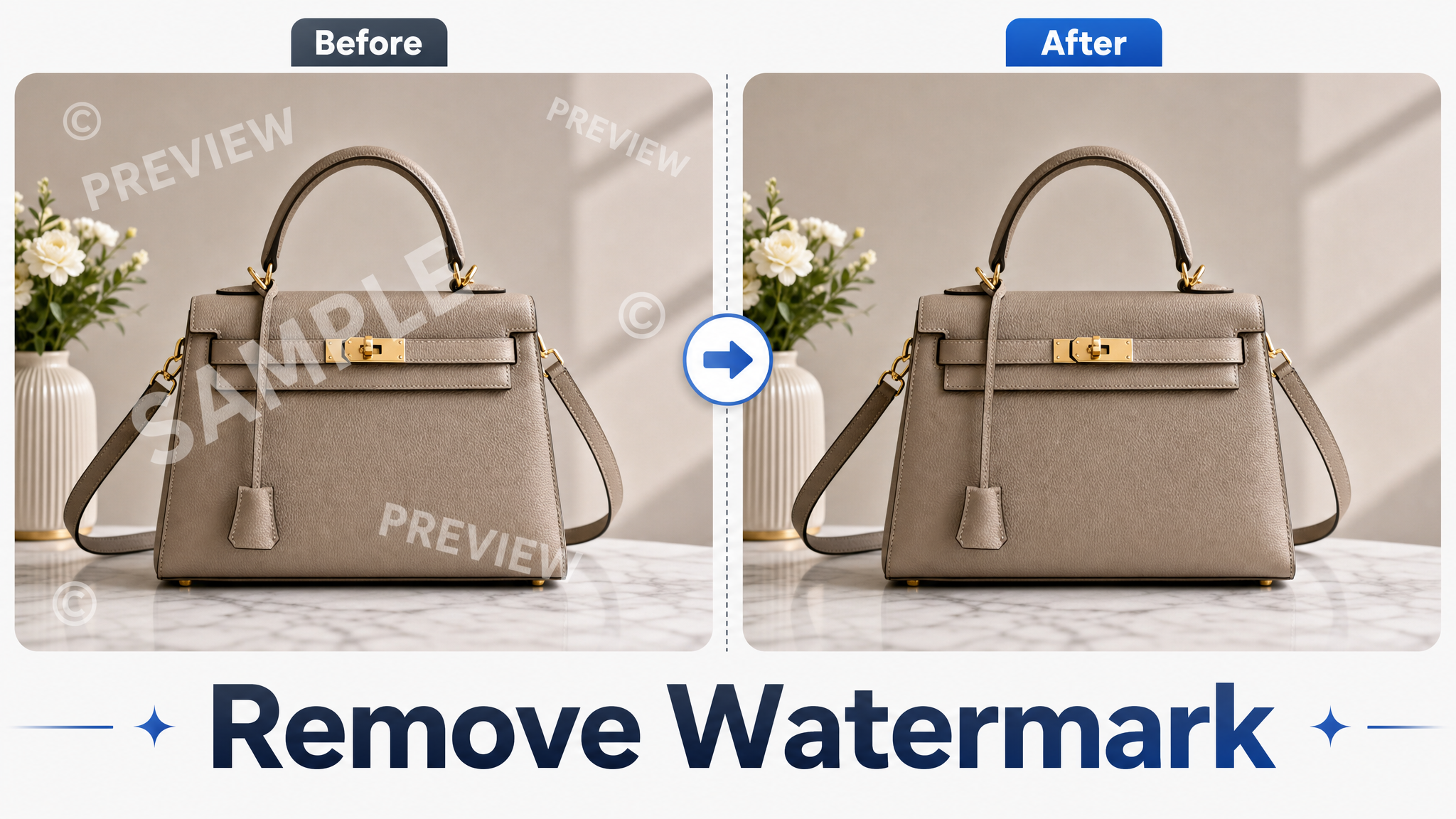 Before and after example of removing a watermark from an authorized product photo